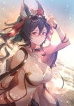 1girl animal_ears armband backlighting bangs bare_shoulders black_hair blush breasts cape cleavage closed_mouth detached_sleeves ear_piercing erune eyewear_on_head granblue_fantasy hair_between_eyes hair_ribbon halterneck highres ilsa_(granblue_fantasy) kakage large_breasts lens_flare long_hair looking_at_viewer one-piece_swimsuit piercing ponytail red_eyes red_ribbon ribbon smile solo sunglasses sunlight swimsuit white_swimsuit 