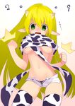  animal_print blonde_hair breasts cow_girl cow_print elf green_eyes large_breasts pointy_ears solo sumaki_shungo underboob 