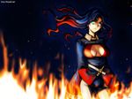  blue_eyes blue_hair breasts cleavage fire genderswap genderswap_(mtf) glowing glowing_eyes large_breasts long_hair mecha_musume optimus_prime personification red_hair shouki solo transformers 