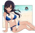  2girls beach bikini black_hair blue_bikini blue_eyes breasts brown_hair chibi collarbone innertube large_breasts long_hair looking_at_viewer multiple_girls navel ocean onjouji_toki saki saki_achiga-hen school_uniform serafuku shimizudani_ryuuka shisoneri short_hair side-tie_bikini sitting smile solo_focus swimsuit waves yokozuwari 