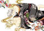  2boys bleach blonde_hair closed_eyes eyes_closed flower ichimaru_gin japanese_clothes kimono kira_izuru male male_focus multiple_boys nail_polish open_clothes open_shirt ribbon shirt yaoi 