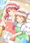  2girls :d ^_^ apron bangs batter blue_sky blush brown_apron brown_hair ceiling_light closed_eyes closed_mouth cloud cloudy_sky commentary_request day egg eyebrows_visible_through_hair eyes_closed green_apron hair_ornament head_scarf highres indoors konomori_kanon leaning_forward long_hair mixing_bowl multiple_girls one_eye_closed open_mouth puffy_short_sleeves puffy_sleeves school_uniform serafuku shirt short_sleeves sky smile sparkle tanemura_koyori tears translation_request twintails very_long_hair watashi_ni_tenshi_ga_maiorita! whisk white_sash white_shirt x_hair_ornament zenon_(for_achieve) 
