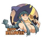  :q aqua_hair bare_shoulders blue_eyes blush braid breasts candy cleavage copyright_request earrings english face food haganemaru_kennosuke hair_censor hair_over_breasts halloween happy_halloween hat huge_breasts jewelry lollipop long_hair moon shaped_lollipop solo tongue tongue_out witch_hat 