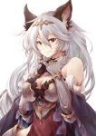  1girl animal_ears armor armored_dress bare_shoulders breastplate breasts cat_ears cleavage closed_mouth dress erune granblue_fantasy hair_between_eyes hair_tubes hands_clasped heles large_breasts long_hair looking_at_viewer own_hands_together silver_hair smile solo strapless strapless_dress very_long_hair yellow_eyes yue_(pixiv2547) 