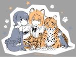  2girls animal animal_ears animal_print arm_support bangs bare_shoulders bow bowtie breast_pocket closed_mouth elbow_gloves eyebrows_visible_through_hair fingerless_gloves frills full_body fur_collar gloves grey_hair hand_up holding jaguar jaguar_(kemono_friends) jaguar_ears jaguar_print kemono_friends ko-on_(ningen_zoo) leaning_forward looking_at_viewer multicolored_hair multiple_girls orange_eyes orange_hair otter otter_ears otter_tail parted_lips pocket print_gloves print_legwear print_skirt rock sitting skirt small-clawed_otter_(kemono_friends) smile star swimsuit tail thighhighs twitter_username two-tone_hair white_hair zettai_ryouiki 
