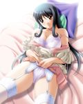  bed black_hair bra breasts brown_eyes cleavage garter_belt karasawa_mika lace lace-trimmed_thighhighs lace_bra large_breasts lingerie long_hair maid_in_oshigoto miyata_sou panties pillow skirt skirt_lift solo spread_legs thighhighs thighs underwear white_legwear white_panties 