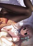  absurdres ayakaze_ryuushou bed black_legwear blue_eyes blush brown_hair cameltoe gusset hair_ribbon highres kaoruko_livingstone long_hair open_mouth panties panties_under_pantyhose pantyhose pantyshot pillow polka_dot ribbon sakura_tale school_uniform screening solo thighband_pantyhose underwear 