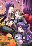  2boys bridal_gauntlets butt_crack candy demon_tail dual_persona elbow_gloves food genderswap genderswap_(mtf) glasses gloves gundam gundam_00 halloween haro jack-o'-lantern lockon_stratos lollipop long_hair multiple_boys pumpkin purple_hair swirl_lollipop tail takitsume_shino thighhighs tieria_erde 