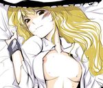 areolae bed bed_sheet blonde_hair blush breasts dress_shirt gustav_(telomere_na) hat kirisame_marisa large_breasts long_hair nipples open_clothes open_shirt sheet_grab shirt solo tears touhou witch_hat wristband 