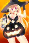  bare_shoulders blonde_hair breasts cleavage gloves gradient gradient_background halloween happy_halloween hat hoshino_madoka jack-o'-lantern large_breasts long_hair naked_pumpkin navel orange_background original pink_eyes pumpkin pumpkin_pants red_background solo witch_hat 