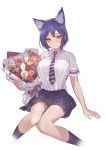  1girl absurdres animal_ear_fluff animal_ears arm_support black_legwear blue_hair blue_skirt bouquet breast_pocket breasts cat_ears closed_mouth collared_shirt dress_shirt fading flower highres holding holding_bouquet kemonomimi_mode kneehighs large_breasts looking_at_viewer miniskirt mole mole_under_eye necktie nijisanji nishiro_ryoujin orange_flower pink_flower pleated_skirt pocket red_flower rose shirt shirt_tucked_in shizuka_rin short_hair short_sleeves sidelocks simple_background skirt smile solo striped striped_neckwear virtual_youtuber white_background white_shirt yellow_eyes yellow_flower 