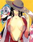  amazon bad_id bad_pixiv_id black_hair boa_hancock center_opening earrings hat jewelry long_hair no_bra one_piece salome_(one_piece) skull snake straw_hat tsunekawa_niwasuke 