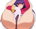  1girl arm_up ass bangs black_panties blush cameltoe creatures_(company) erect_clitoris female game_freak gloves harubato highres jujube_(pokemon) legs_up long_sleeves looking_at_viewer lying natsume_(pokemon) nintendo on_back open_mouth panties partially_visible_vulva pokemon pokemon_(game) pokemon_frlg presenting purple_hair red_eyes red_shirt shiny shiny_hair shiny_skin shirt simple_background solo spread_legs underwear white_background white_gloves 