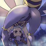  antennae ass bee_girl bent_over cosine highres insect_girl leotard pantyhose purple_hair q-bee smile solo vampire_(game) 