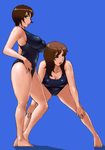  barefoot blue_background breasts brown_eyes brown_hair cleavage hands_on_own_knees large_breasts leaning_forward lips lowres matoyama multiple_girls one-piece_swimsuit original swimsuit 