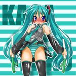  bad_id bad_pixiv_id blue_eyes blush cosplay green_hair hatsune_miku hatsune_miku_(cosplay) headphones headset hiiragi_kagami kamia_(not_found) long_hair lucky_star microphone necktie panties pantyshot solo spring_onion striped striped_panties thighhighs tsurime twintails underwear upskirt vocaloid 