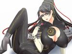  bayonetta bayonetta_(character) black_eyes black_hair breasts candy cleavage covered_nipples eyeshadow food glasses huge_breasts licking lollipop long_hair makeup mole mole_under_mouth rick.black saliva saliva_trail solo 