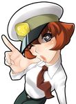  ;o badge bangs bashin_hayami battle_spirits battle_spirits:_shounen_toppa_bashin belt blush bob_cut breasts covered_nipples dress_shirt foreshortening hands hat head_tilt lips lipstick looking_at_viewer makeup mature medium_breasts necktie nishimo one_eye_closed orange_hair pants peaked_cap pointing purple_eyes shirt short_hair simple_background solo uniform 