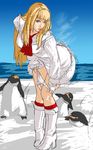  bird blonde_hair blue_eyes boots high_heels knee_boots lili_(tekken) long_hair panties panty_pull peeping penguin shoes skirt take_(draghignazzo) tekken tekken_5 underwear white_panties white_skirt 