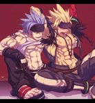  arad_senki bara belt blonde_hair blue_eyes blue_hair boots bracelet bulge chain chains chest_grab cross dungeon_and_fighter gloves hairy headband jewelry male male_focus muscle muscular necklace nipples pants red_eyes sandals shirt_lift smile sweat tattoo unfinished vest yaoi 