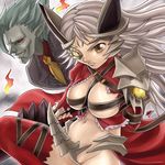  1girl aldra_(queen's_blade) bad_id bad_pixiv_id beltbra breasts delmore eyepatch hamoto large_breasts midriff navel pussy_peek queen's_blade red_eyes revealing_clothes silver_hair yellow_eyes 