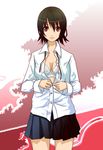  bad_id bad_pixiv_id black_hair bra brown_eyes hitou_nami lingerie open_clothes open_shirt pleated_skirt sakebuotoko sayonara_zetsubou_sensei school_uniform shirt short_hair skirt solo underwear white_bra 