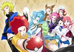  6+girls afro akane_(pokemon) ass bad_id bad_pixiv_id black_hair blonde_hair blue_eyes blue_hair breast_press breasts brown_eyes brown_hair clothes_around_waist denji_(pokemon) eating food gym_leader hair_ornament hairclip hat hat_ribbon holding holding_poke_ball ibuki_(pokemon) kotone_(pokemon) light_bulb medium_breasts midriff mikan_(pokemon) multiple_boys multiple_girls navel one_eye_closed onigiri ooba_(pokemon) panties pantyshot pantyshot_(standing) pink_eyes pink_hair poke_ball poke_ball_(generic) pokemon pokemon_(game) pokemon_dppt pokemon_hgss red_eyes red_hair red_ribbon ribbon shorts skirt standing sumomo_(pokemon) suzuna_(pokemon) sweater sweater_around_waist symmetrical_docking toru_k two_side_up underwear white_panties 