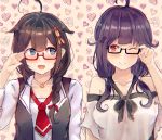  2girls :d ahoge bare_shoulders bespectacled black-framed_eyewear black_hair black_vest blush braid breasts collarbone eyebrows_visible_through_hair glasses hair_flaps hair_ornament hair_over_shoulder hair_ribbon heart heart_background highres jewelry kantai_collection large_breasts long_hair long_sleeves looking_at_another looking_at_viewer low_twintails miyako_(00727aomiyako) multiple_girls necklace necktie off-shoulder_shirt off_shoulder open_mouth purple_hair red-framed_eyewear red_eyes red_neckwear red_ribbon remodel_(kantai_collection) ribbon semi-rimless_eyewear shigure_(kantai_collection) shirt single_braid smile taigei_(kantai_collection) twintails upper_body vest whale_hair_ornament white_shirt 