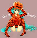  aqua_hair blue_eyes blush_stickers boyaking grey_background halloween hatsune_miku jack-o'-lantern long_hair panties pumpkin solo spread_legs striped striped_legwear striped_panties thighhighs trick_or_treat twintails underwear vest vocaloid 