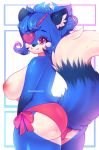  2018 anthro big_breasts big_butt biped blue_fur blue_hair breasts butt canid canine clothed clothing eye_patch eyewear female fox fur hair heterochromia hi_res kuromokonachan lazuli_(doggod.va) looking_at_viewer looking_back mammal multicolored_tail nipples panties partially_clothed purple_eyes signature smile thick_thighs topless two_tone_eyes underwear white_fur yellow_eyes 