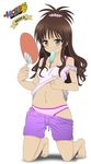  bad_anatomy bad_feet bad_hands barefoot brown_eyes brown_hair fan feet food jpeg_artifacts kneeling long_hair mouth_hold navel panties ponytail popsicle shorts solo to_love-ru underwear undressing yuuki_mikan 