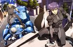  1girl absurdres armor batou bodysuit cyborg fingerless_gloves ghost_in_the_shell ghost_in_the_shell_stand_alone_complex gloves highres kusanagi_motoko mecha nakahara_hisafumi ponytail purple_hair red_eyes road short_hair street tachikoma tree vanishing_point white_hair 