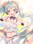  :d arms_up artist_name blue_background blue_hair blush detached_sleeves eyebrows_visible_through_hair frilled_shirt frills hanako151 happy hatsune_miku head_tilt highres long_hair multicolored multicolored_background navel open_mouth pink_background red_background redial_(vocaloid) shirt skirt skirt_lift sleeveless sleeveless_shirt smile solo twintails upper_body upper_teeth very_long_hair vocaloid white_shirt white_skirt yellow_background 