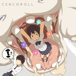  1girl ? brown_hair cenco cencoroll food from_above in_food monster mouth open_mouth red_eyes sazae-san school_uniform slime teeth tetsu_(cencoroll) thought_bubble utu vore yuki_(cencoroll) 