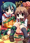  brown_eyes brown_hair candy chocolate chocolate_bar eating food green_eyes green_hair halloween hidamari_sketch jack-o'-lantern kneehighs mouth_hold multiple_girls nagayama_yuunon nori panties pantyshot pantyshot_(sitting) pink_panties pocky pumpkin ribbon short_hair short_twintails sitting socks twintails underwear yuno 