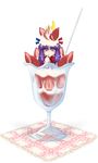  cup food food_as_clothes fruit in_container in_cup in_food long_hair minigirl parfait patchouli_knowledge purple_eyes purple_hair solo strawberry tadaneko touhou 
