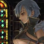  bad_id bad_pixiv_id blue_hair breasts dark_skin hamoto irma large_breasts queen's_blade red_eyes short_hair sideboob solo stained_glass underboob 