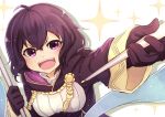  1girl black_gloves black_hair fire_emblem fire_emblem:_kakusei fire_emblem_heroes flag gloves highres holding holding_flag hood hood_down long_sleeves mark_(female)_(fire_emblem) mark_(fire_emblem) nakabayashi_zun nintendo open_mouth outstretched_arm purple_eyes short_hair solo upper_body 