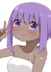  1girl bangs bare_shoulders blush breasts closed_mouth collarbone dark_skin dress eyebrows_visible_through_hair fate/prototype fate/prototype:_fragments_of_blue_and_silver fate_(series) hair_between_eyes hand_up hassan_of_serenity_(fate) i.u.y looking_at_viewer multiple_straps purple_eyes purple_hair sidelocks simple_background sleeveless sleeveless_dress small_breasts smile solo sweat upper_body v white_background white_dress 