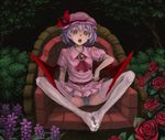  :o arm_support armchair bad_id bad_pixiv_id bat_wings butterfly_sitting chair feet feet_on_chair flower hat mitsuki_(goomoku) no_pants open_mouth panties purple_hair red_eyes remilia_scarlet rose short_hair sitting solo striped striped_panties thighhighs touhou underwear white_legwear wings 
