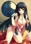  amanooni_touri bad_id bad_pixiv_id bare_shoulders bed_sheet black_hair blush breasts cleavage hair_in_mouth hair_over_breasts houraisan_kaguya jpeg_artifacts kneeling large_breasts long_hair moon night off_shoulder purple_eyes round_window solo touhou window 