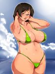  areola_slip areolae bikini black_hair breasts brown_eyes copyright_request day foreshortening ganto glasses green_bikini large_breasts navel plump solo sweat swimsuit 
