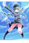  absurdres aircraft airplane akata_itsuki arms_up boots cloud copyright_request day finland green_eyes green_hair hair_ribbon hat highres jumping long_hair military military_uniform panties pantyshot ribbon skirt sky smile solo twintails underwear uniform upskirt white_panties 