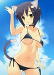  :3 :p absurdres animal_ears bikini bikini_pull black_hair blush bracelet breasts brown_eyes cameltoe cat_ears cat_tail choker cleavage copyright_request covered_nipples day highres jewelry large_breasts navel nora_higuma pulled_by_self short_hair side-tie_bikini slit_pupils solo swimsuit tail tongue tongue_out waving 