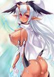  ass breasts cape choker dark_skin elbow_gloves gloves highres horns huge_breasts ishida_hiroyuki long_hair looking_back nippleless_clothes nipples one-piece_thong oni_horns open_mouth original pointy_ears puffy_nipples red_eyes see-through shiny shiny_skin silver_hair slingshot_swimsuit solo swimsuit tan white_gloves 