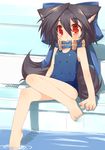  animal_ears barefoot black_hair blush collar dog_ears dog_tail fang feet flat_chest highres kannagi_cocoa one-piece_swimsuit original red_eyes school_swimsuit sitting soaking_feet solo swimsuit tail toba_hiyoko water 