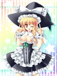  blonde_hair blush braid breasts brown_eyes curiosities_of_lotus_asia double_v hat highres kamiya_tomoe kirisame_marisa medium_breasts nipples one_eye_closed open_clothes open_shirt rainbow_background shirt solo touhou v witch_hat wrist_cuffs 