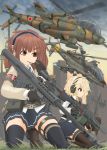  2girls 4others :o absurdres ah-56 aircraft anti-materiel_rifle armband bangs barrett_m82 belt black_footwear black_gloves black_legwear black_skirt black_vest blonde_hair blue_neckwear blurry blurry_background blurry_foreground body_armor boots bow bowtie brown_eyes brown_footwear brown_hair brown_jacket building closed_mouth cloud cloudy_sky commentary_request depth_of_field dress_shirt english_text eyebrows_visible_through_hair frown gloves gradient_sky grass green_hair gun h&amp;k_hk21 head_tilt headset helicopter highres holding holding_weapon holster ichigotofu jacket japan kneeling long_sleeves medium_hair military miniskirt motion_blur multiple_girls multiple_others one_knee open_mouth orange_neckwear original outdoors pilot pilot_helmet pleated_skirt print_skirt rifle roundel school_uniform scope shirt short_hair sign single_horizontal_stripe skirt sky smile sniper_rifle thigh_holster thighhighs trigger_discipline twilight united_states utility_belt utility_pole vest warning_sign weapon white_shirt wing_collar 