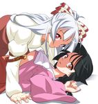  belt black_hair bow breasts brown_eyes fujiwara_no_mokou hachi_(chihagura) hands houraisan_kaguya lying medium_breasts multiple_girls red_eyes shirt_lift touhou underboob white_hair yuri 