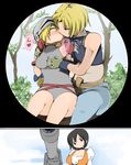  2girls alexandrian_knight alexandrian_soldier black_hair blonde_hair blush breast_squeeze breasts brown_eyes final_fantasy final_fantasy_ix garnet_til_alexandros_xvii kiss leotard long_hair multiple_girls short_hair telescope zidane_tribal zinger_(excess_m) zzinzinz 